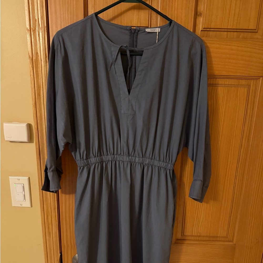 Peserico Slate Blue Long Sleeve Midi Dress with Tie Neck